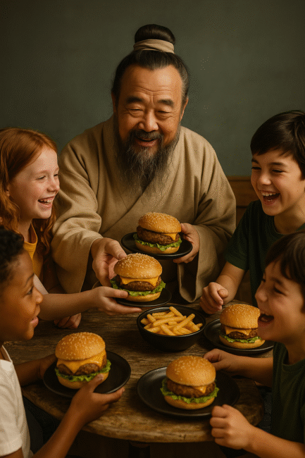 Confucius sharing vegan burgers with kids – a symbol of plant-based comfort food for future generations